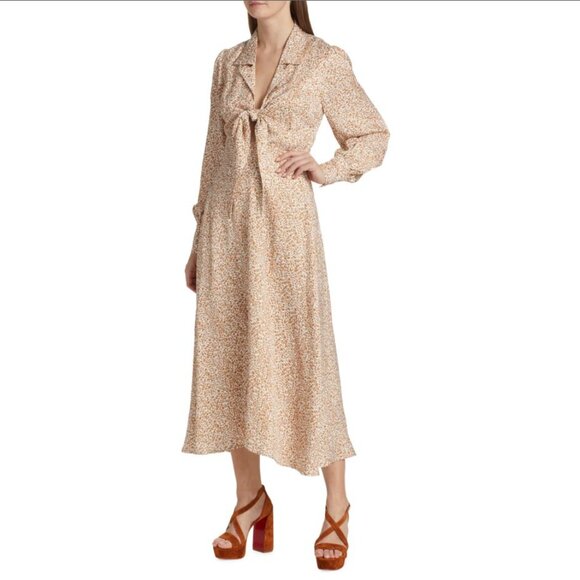 Like New Elie Tahari Beige and Cream Floral Printed Tie Front A Line Midi Dress - Picture 3 of 14